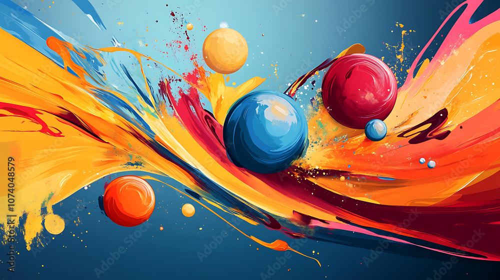 Poster Abstract background with colorful paint strokes and spheres, dynamic shapes and lines in a red, blue, yellow and orange palette