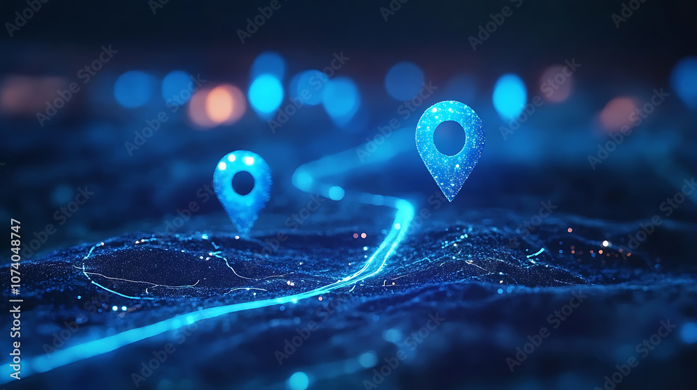 Leinwandbilder Abstract blue glowing location pins on a dark background with copy space, a map route path showing travel and an online jewelry delivery service concept
