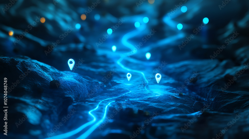 Poster Abstract blue glowing location pins on a dark background with copy space, a map route path showing travel and an online jewelry delivery service concept