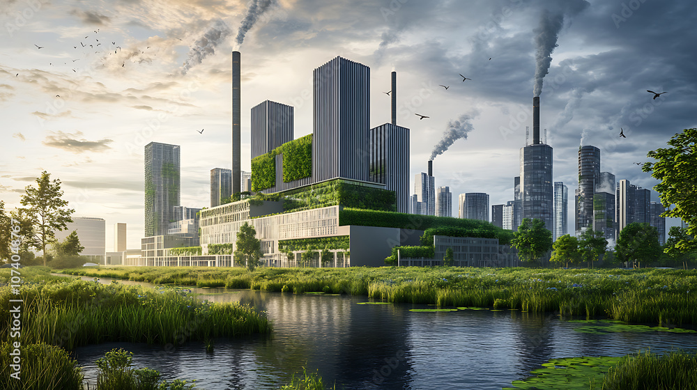 Aufkleber modern eco-friendly factory with green manufacturing practices, emphasizing sustainable development 