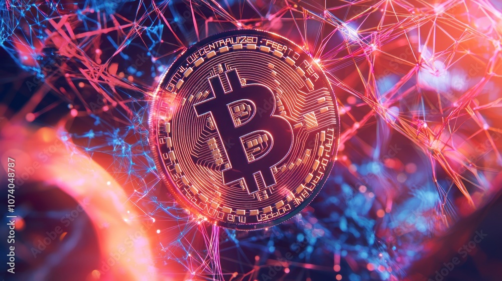 Poster Bitcoin Cryptocurrency Coin with Abstract Red and Blue Network