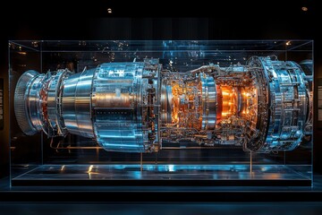 A Cross-Sectioned Jet Engine Displayed in a Glass Case