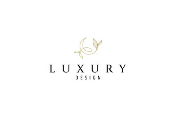 crescent moon logo with natural plant combination in gold luxury line art design style