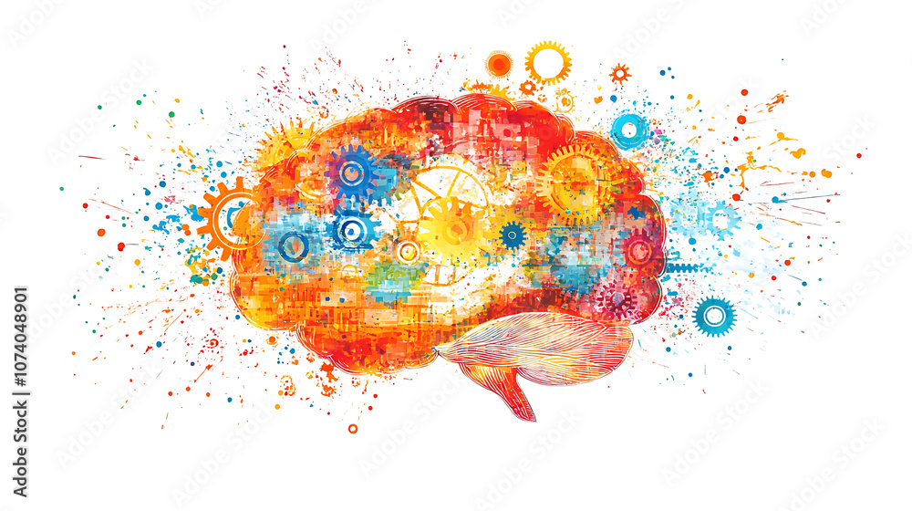 Poster Abstract illustration of an AI brain with colorful splashes and gears on a white background design for a digital marketing or tech concept banner