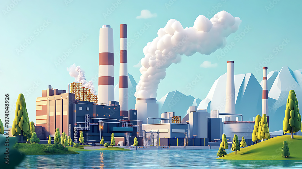 Poster modern power plant generating electricity with sustainable green strategies to reduce co2 emissions,