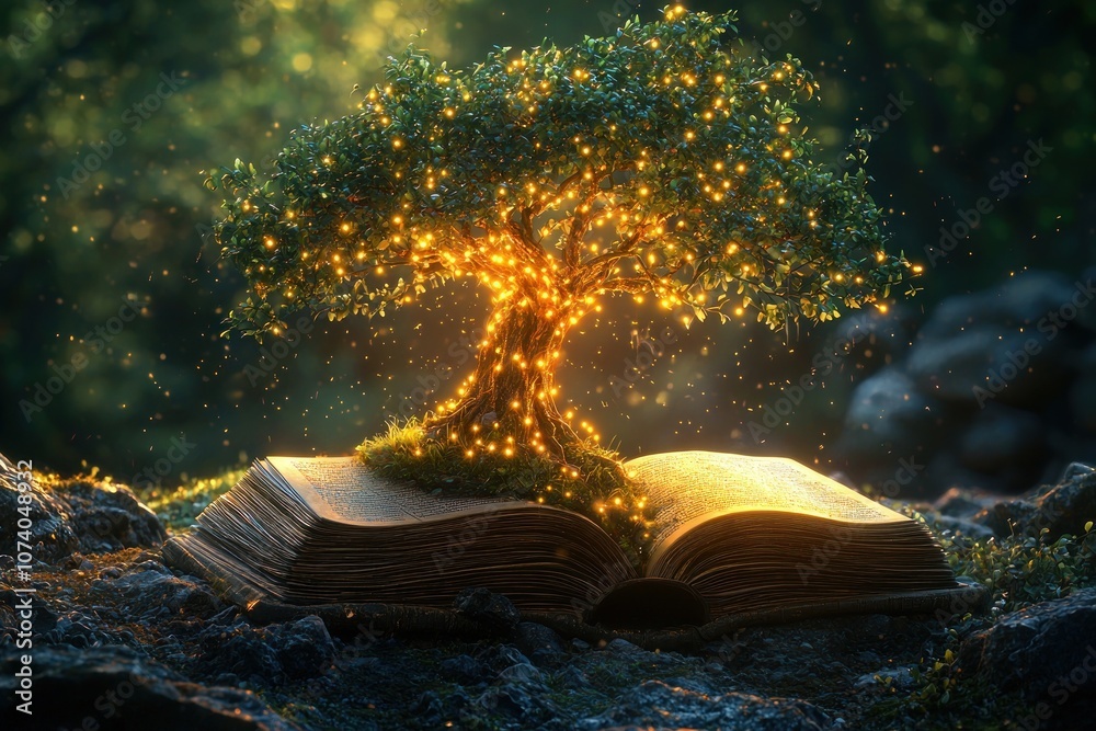 Poster A Luminous Tree Grows from an Open Book in a Forest