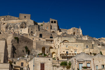 Fototapeta premium Aerial view of Sassi di Matera at night, UNESCO World Heritage Site, European Capital of Culture for 2019, Basilicata, Italy, Europe