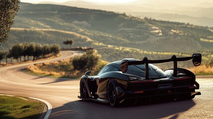 A sleek hypercar speeding along a spiraling street that fades into the background, surrounded by towering mountains and lush trees lining the road, creating a dramatic and dynamic scene of speed 