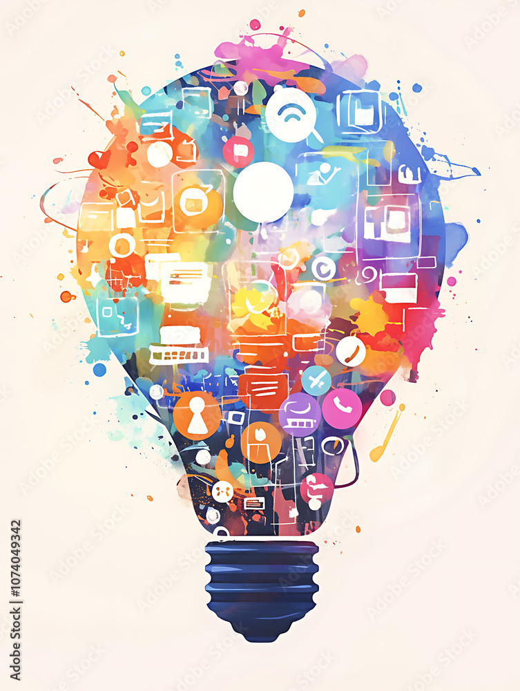 Poster artistic drawing of a colorful light bulb with various business icons emerging from it, against a wh