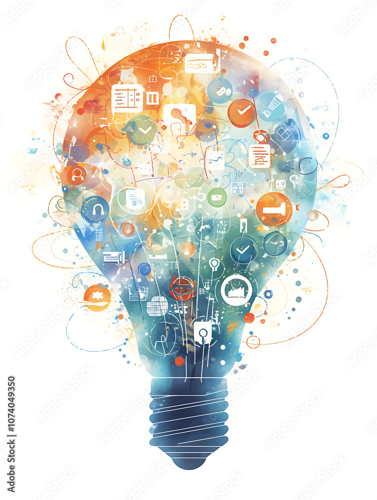 Poster Artistic drawing of a colorful light bulb with various business icons emerging from it, against a white background