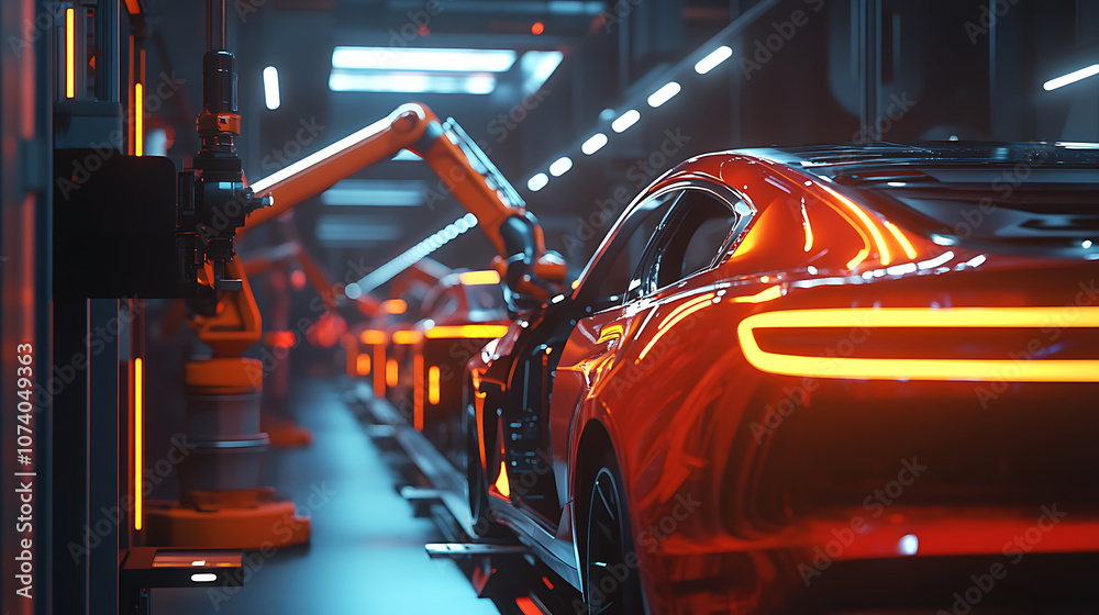 Aufkleber automated car production line with robotic arms at factory for manufacturing