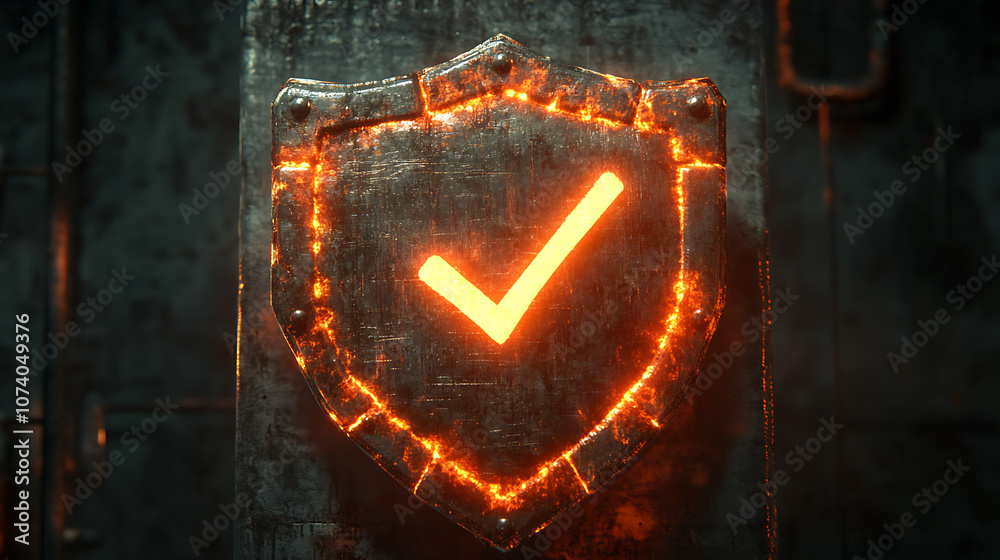 Poster Rust programming language concept illustrated by a rusty shield with a digital glowing checkmark, symbolizing security and reliability in software development