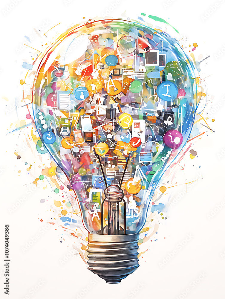 Poster artistic drawing of a colorful light bulb with various business icons emerging from it, against a wh