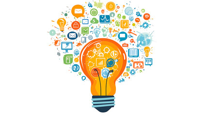 Artistic drawing of a colorful light bulb with various business icons emerging from it, against a white background
