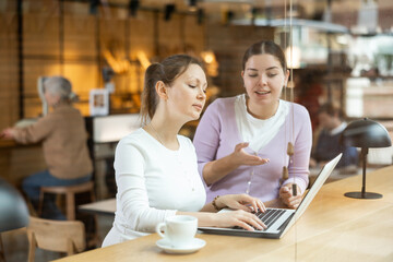Two young women having fun together looking at laptop screen while sitting at the bar of a restaurant