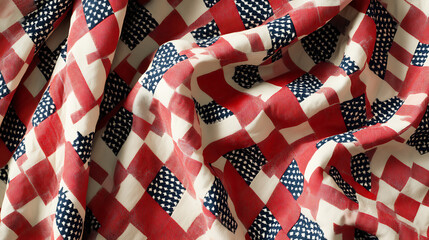 Obraz premium Red, white and blue houndstooth quilt with star pattern on red background
