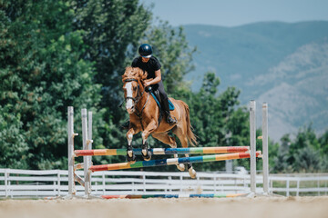 Courageous rider jumping horse over obstacle in equestrian event, capturing motion, skill, and outdoor competition.