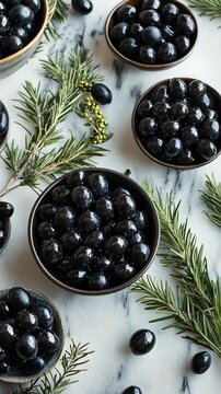 Black olives in bowls and scattered on a marble surface with sprigs of rosemary