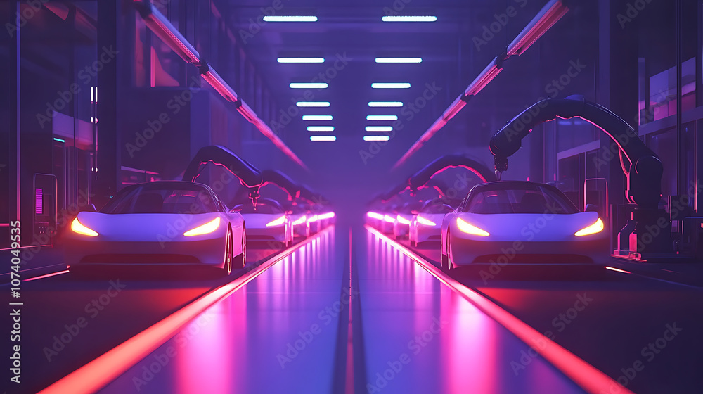 Poster automated car production line with robotic arms at factory for manufacturing