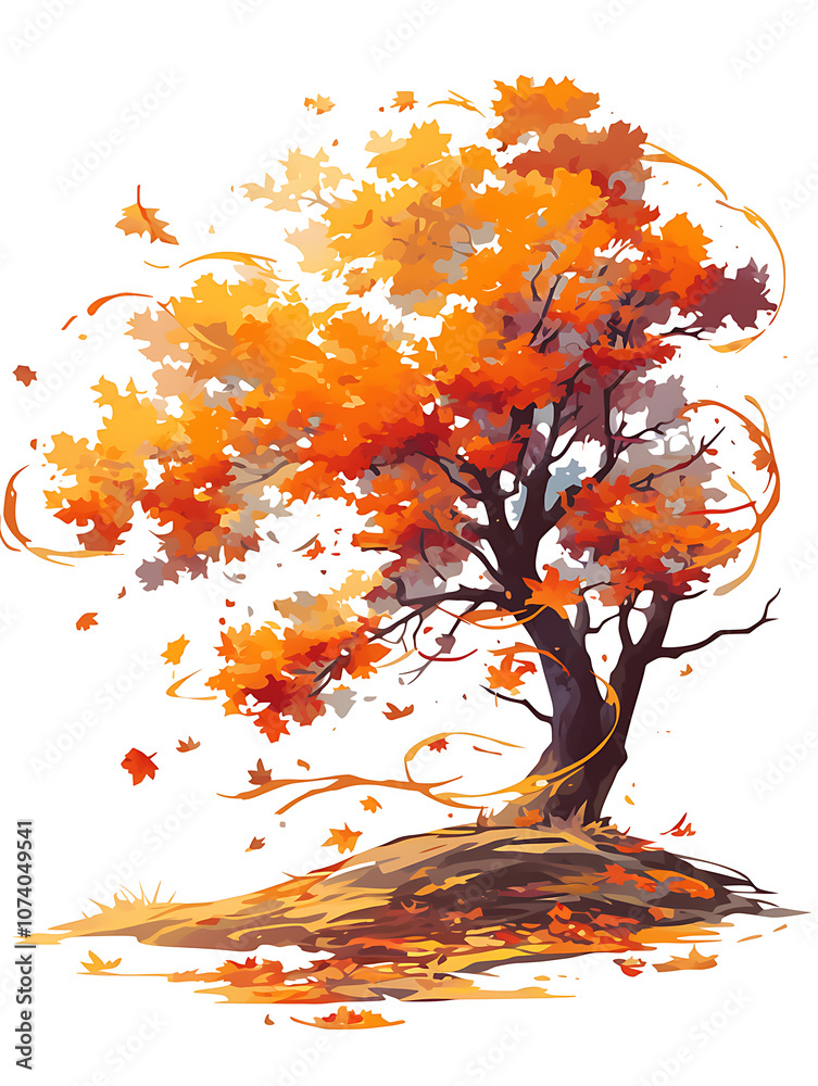 Poster autumn background with an autumn tree and leaves swirling in the wind, design on a white background 