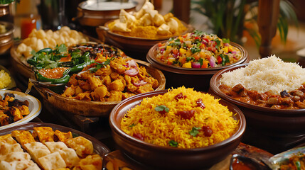 Fototapeta premium Spicy Indian biryani varieties with basmati rice meat and curry