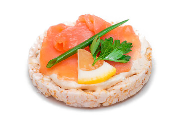 Rice Cake Sandwich with Fresh Salmon, Lemon and Greens - Isolated on White Background. Diet Food. Quick and Healthy Sandwiches. Crispbread with Fresh Fillings. Healthy Dietary Snack