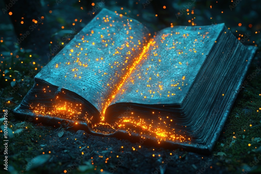 Poster An Open Book with Glowing Sparks in a Forest Setting