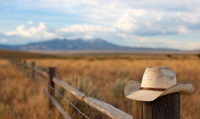 weathered cowboy hat resting on rustic wooden fence in open prairie landscape