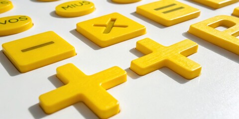 Obraz premium Bright Yellow Arithmetic Symbols on White Background - Plus, Minus, Equals, Multiply, Divide Signs with Soft Shadow for Educational and Creative Use