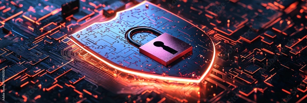 Poster a glowing shield with a padlock on a circuit board