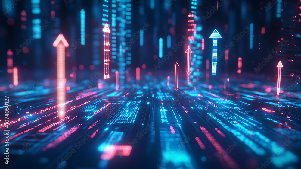 Leinwandbilder Blue arrows move up and down on a digital background, with a glowing light effect The concept of business growth or market technology Abstract futuristic tech