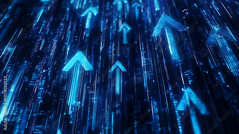 Poster Blue arrows move up and down on a digital background, with a glowing light effect The concept of business growth or market technology Abstract futuristic tech