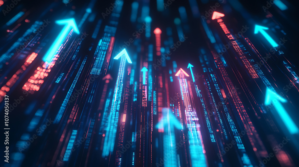 Poster Blue arrows move up and down on a digital background, with a glowing light effect The concept of business growth or market technology Abstract futuristic tech