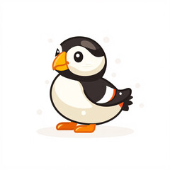 Obraz premium A cute, cartoon-style puffin with a black and white body, orange beak, and bright orange feet, set against a simplistic background.