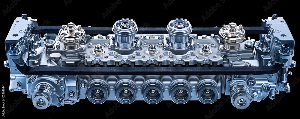 Poster Close-up of a Silver and Black Engine Block with Multiple Cylinders