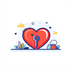 An illustrated heart with a keyhole symbolizes love and security, surrounded by clouds, plants, and a gift box.