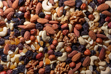 Mixed Nuts: Almonds, Walnuts, Cashews, Peanuts, Hazelnuts, Dried Prunes and Raisins. Different Nut Mix. Background from Various Nuts and Dried Fruits