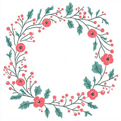 Fototapeta premium A colorful floral wreath design featuring vibrant flowers and green leaves, perfect for invitations or decorative elements.