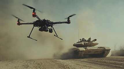 Combat aerial drone attacking a tank