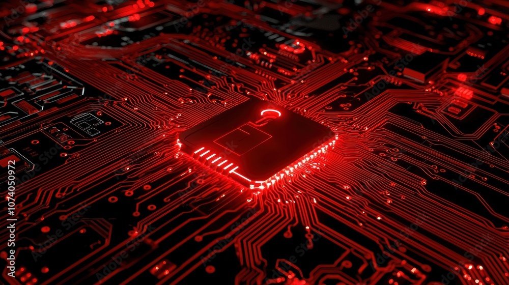Poster Red Illuminated Circuit Board with Central Processor