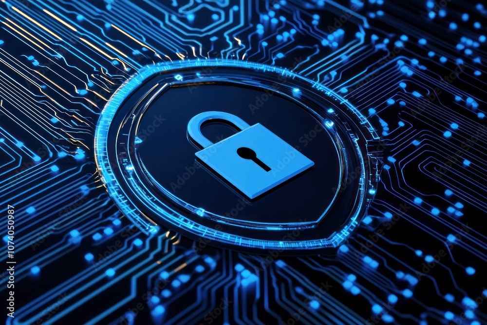 Poster Blue Padlock Icon in a Circular Glowing Frame on a Circuit Board