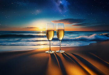 Two champagne glasses sit on a sandy beach with an ocean sunset in the background.