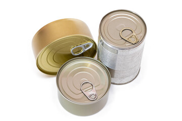 A Group of Stacked Tin Cans with Blank Edges Isolated on White Background. Canned Food. Different Aluminum Cans for Safe and Long Term Storage of Food. Steel Sealed Food Storage Containers - Isolation
