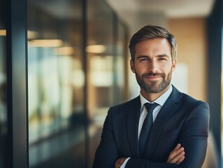 Fototapeta premium A confident businessman in a dark suit stands with arms crossed in a modern office, exuding professionalism and charisma, with a soft smile and a poised demeanor.