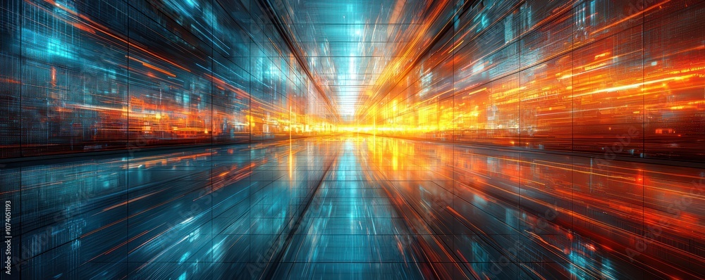 Poster abstract futuristic cityscape with glowing lines and reflections