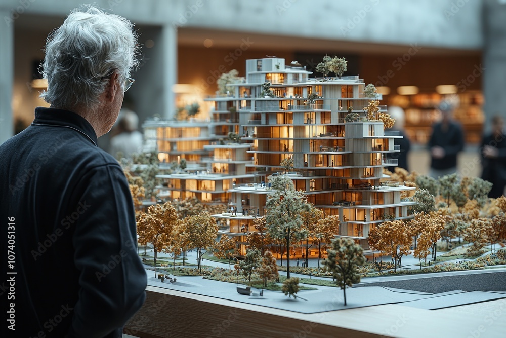 Poster a man looking at a detailed model of a modern building complex