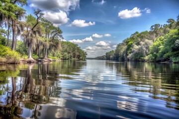 Candid Photography of the Serene Apalachicola River, Capturing the Tranquility of Nature, Lush Landscapes, and Reflections on Water under a Clear Sky