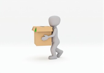 gray toy man 3d carries in hands a cardboard box on white background