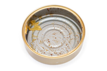 Opened Empty Tin Can Isolated on White Background. Dirty Used Aluminum Can - Isolation....