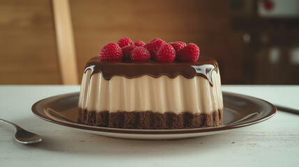 Chocolate mousse dessert with a biscuit base and covered in chocolate and raspberries at Mesa